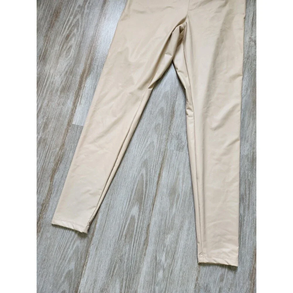 Aerie OFFLINE Nude Beige Pleather Leggings High Waisted Lightweight Yoga L EUC